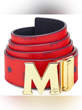 MCM Claus M Reversible Leather/Visetos Belt 1.75”, Candy Red/ Gold, One Size,NWT
